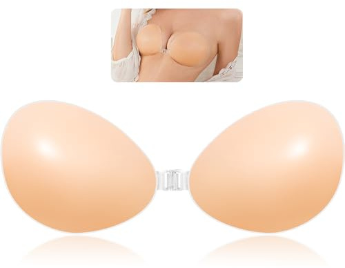 COODAM Invisible Strapless Sticky Bras - Reusable Stick On Push Up Bra for Women with 2 Nipple Covers, Women's Silicone Adhesive Backless Bras for Women Party, Bar, Wedding, Beach (D) Beige