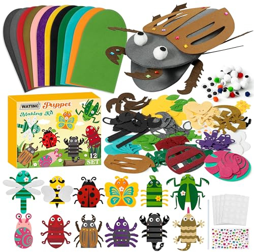 WATINC 12 Pcs Hand Puppet Making Kit, Art Craft Felt Sock Puppet Toys, Creative DIY Make Your Own Pompoms Wiggle Googly Eyes Storytelling Role Play Party Supplies Gift for Girls Boys (Insect Animals)