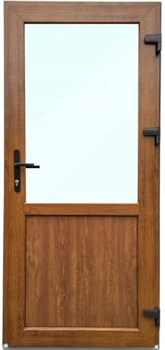 Porta d'ingresso in plastica, 90 x 200 cm, DIN destra, porta d'ingresso secondaria con vetri di sicurezza, set completo per porta di negozio, garage, casa, porta d'ingresso con serratura a 4 punti e
