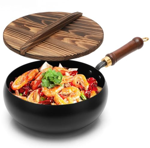 Padella in Ferro Battuto a Mano con Coperchio in Legno Padella Giapponese Antiaderente Naturale per Arrostire e Brasare Senza Rivestimento Chimico per Fornelli a Gas Induzione e Tutti i Piani Cottura
