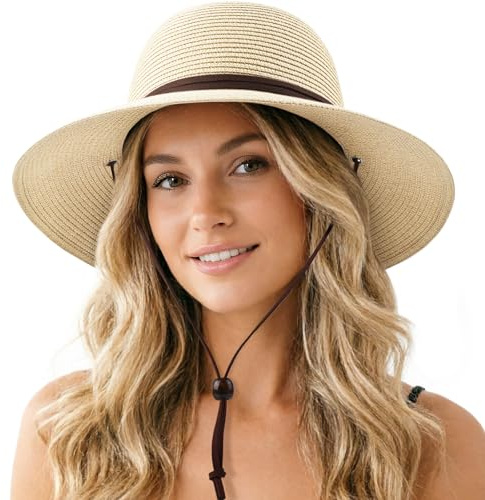 DRESHOW Mujeres Sombrero de Panamá, Sombrero de Paja de ala Ancha, Sombrero de Verano con Correa de Barbilla, Sombrero de Playa Fedora UPF 50+
