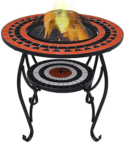 Runheo Mesa de fuego mosaico de cerámica terracota y blanco, 68 cm, mesa de jardín de acero con protección contra chispas y atizador para terraza y jardín, calidez y ambiente acogedor