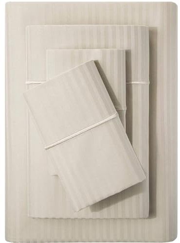Feather & Stitch 500 TC Queen Size Damask Bed Sheet Set, 100% Cotton Soft Breathable Bedsheets, 4 Piece 18 Deep Pockets Sateen Weave Striped Bedding Mattress Resort Hotel Luxury- (Beige Stripe)