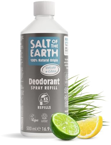 Salt of the Earth - Natural Deodorant Spray Refill - Certified Natural, Vegan, Long Lasting Protection, Leaping Bunny Approved, Made in the UK - 500ml (Vetiver & Citrus)