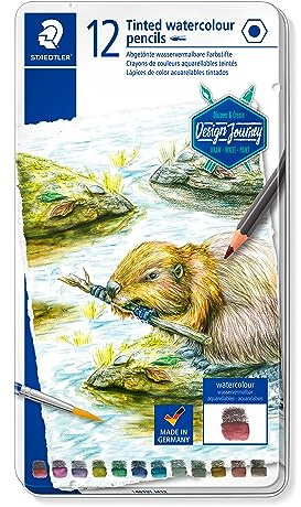 Staedtler Crayons de couleur aquarellables teintés de haute qualité pour artistes, Utilisables à sec ou à l'eau, Mine douce et tendre de 3 mm, Boîte en métal avec 12 couleurs différentes, 14610T M12