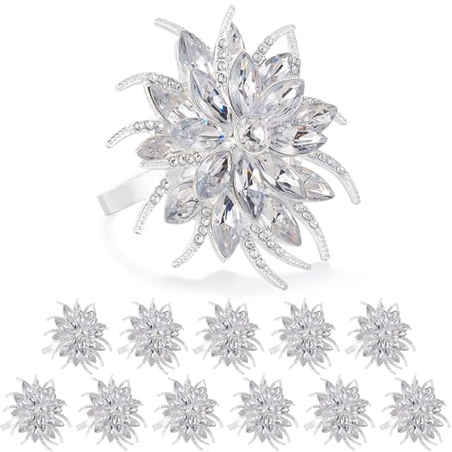 ZeeDix Christmas Flower Napkin Rings Set of 8, Silver Lotus Elegant Rhinestone Napkin Ring Serviette Buckles Holder for Wedding Birthday Christmas Holiday Party Home Kitchen Dinner Table Decoration