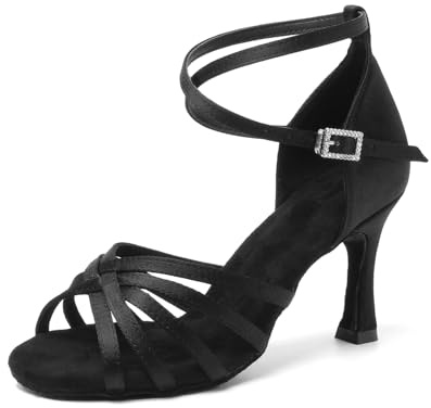 SWDZM Scarpe da Ballo Latino con Tacco Alto da Donna Scarpe da Ballo Professionali in Raso Standard,Nero,37EU
