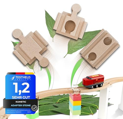 Kumetic 22 Stück Adapter-Steine Starter-Set in Holzoptik passend für Brio Schienen & Duplo® sowie alle übrigen Holzeisenbahnen + Klemmbausteine - Made in Germany