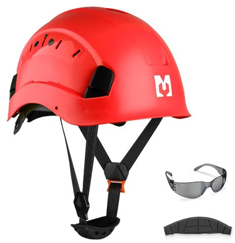 Mustbau Sicherheitshelm, EN397 Schutzhelme mit Antibeschlag-Brille, 53-63 cm Verstellbarer Kopfumfang, strapazierfähiges ABS-Material Für Männer Frauen - Rot
