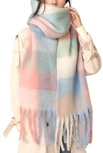 MININAI Chunky Winter Scarfs for Women Cold Weather Warm Knit Thick Plaid Scarf Long Large Oversized Checked Scarves (Pastel)