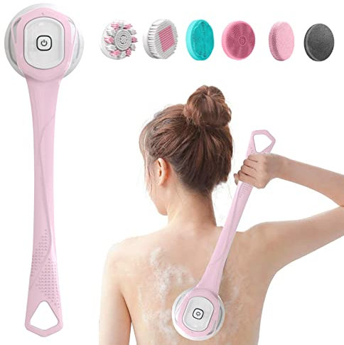Elektrische Duschbürste,Körperbürste Elektrische Rückenbürste mit Langer Griff,Rückenbürste Dusche Massagebürste mit 6 Reinigungsköpfen,Badebürste für Spa Dusche Peeling Massagebürste (Rosa)