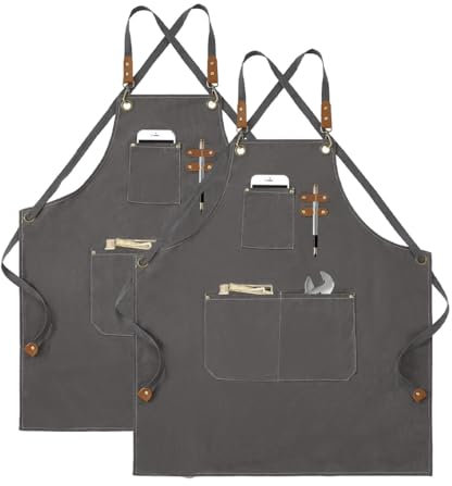 Küchenschürze aus Canvas (2 Stück), Arbeitsschürze mit 3 Taschen, verstellbarer Riemen, professionelle wasserdichte Grillschürze für Herren und Damen, für Friseur, Küche, Gärtner, grau, 120 cm