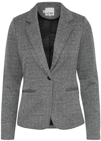ICHI IHKATE Jacquard Damen Blazer Jackenklazer mit Reverskragen Paspeltaschen V-Ausschnitt 1-Knopf-Form leicht elastisch Slim fit, Größe:M, Farbe:Black/White Herringbone (203523)
