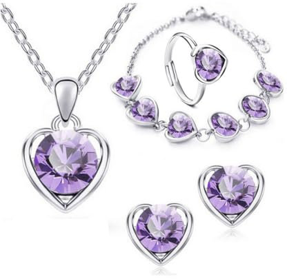 Clataly Heart Crystal Necklace Earrings Bracelet Ring Set Love Pendant Necklace Jewelry for Women and Girls (Purple)