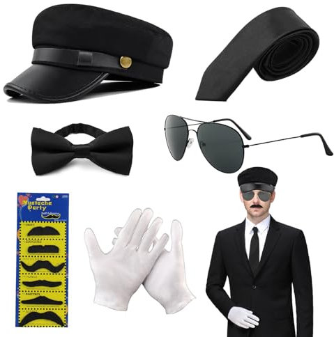 XNIVUIS Chauffeur-Kostüm-Zubehör, Neuheit, Fahrerkostüm, schwarzer Hut, Sonnenbrille, Fliege, Handschuhe, gefälschter Bart der 1980er Jahre, Gangster-Biker-Kostüm, Zubehör für Cosplay, Mottoparty