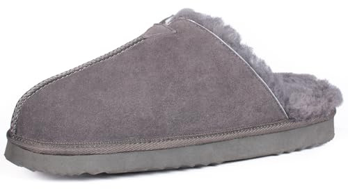 Parfeying Men's Sheepskin Shearling Slippers, Anti-slip Rubber Sole Indoor Outdoor Cow Suede Leather Slip on Slippers for Men,M23611 CHAR 9US