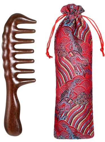 Pettine in legno spesso a denti larghi per ricci, pettine in legno di sandalo antistatico grande pettine in legno di sandalo naturale con borsa per riporre capelli ricci pettine per barba pettine per