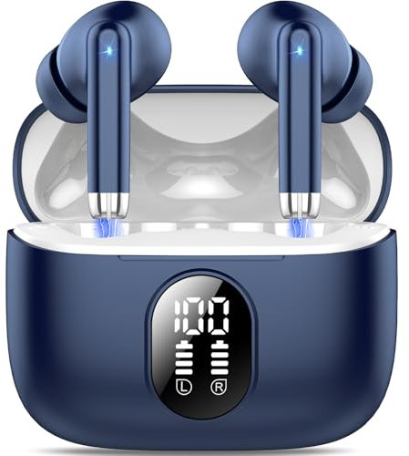 QXQ S26 Auriculares Bluetooth 5.4, 2025 Nuevo Auriculares Inalambricos Hi-Fi Estéreo con 4 ENC Micrófonos, 40 Horas Mini Cascos Inalambricos Bluetooth con Pantalla, Audifonos Azul para Android iOS