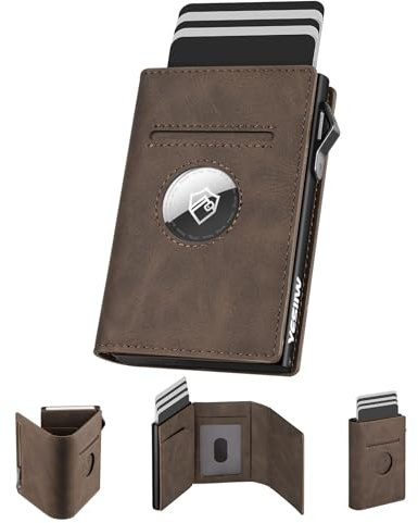 YESIIW Portafoglio Uomo Airtag Portafoglio Uomo con Blocco RFID Portacarte Slim con Fermasoldi e Tasca per Monete, Pop-up Porta Carte di Credito per 10 Carte, Apple Airtag 2 Generazione & 1 (Marrone)