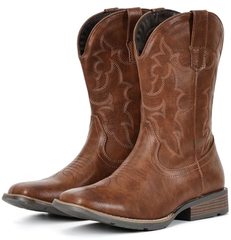 IUV Cowboy Boots For Men Square Toe Western Boot Durable Retro Classic Embroidered Pull On Boot Slip Resistant Country Boots