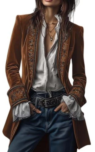 Blazer en velours pour femme, manteau de pirate brodé vintage, manteau long victorien de couleur unie, haut gothique de la Renaissance, marron, XL