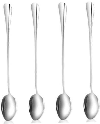 Teskedar med långa handtag, 4 st 19 cm rostfritt stål kaffesked, värmebeständiga latteskedar, lätttvättade omrörningsskedar för glass espresso varm choklad varma drycker dessert