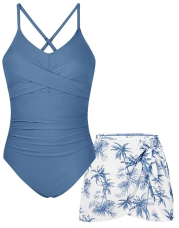 KOMEIANA 9-16Y Teens Girls One Piece Swimsuit with Cover Up Cutout Ruched Bathing Suit Adjustable Criss Cross Strap Swimwear