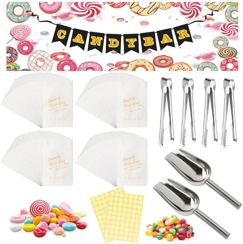 Set di accessori per Candy Bar, contiene 100 sacchetti per caramelle e 2 adesivi, 4 pinze per zucchero, 2 palette per candybar, 1 ghirlanda decorativa per caramelle, adatto per matrimoni, feste di