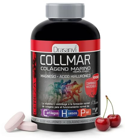 DRASANVI COLLMAR COMPRIMIDOS MASTICABLES - COLÁGENO Marino Hidrolizado + Magnesio + Ácido hialurónico - Sabor CEREZA - 180 comprimidos