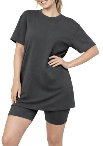 Dam enkel baggy lång t-shirt cykelshorts 2 st set sommar loungekläder, Träkol, 10-12