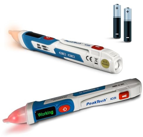 PeakTech 1031 – Kontaktloser AC Spannungsprüfer mit LED Signal Lampe & Vibration, 50 - 1000 V AC Betriebsbereich, Berührungsloser Spannungstester, Strom Prüfgerät, Stift Multimeter - 155 x 25mm, White