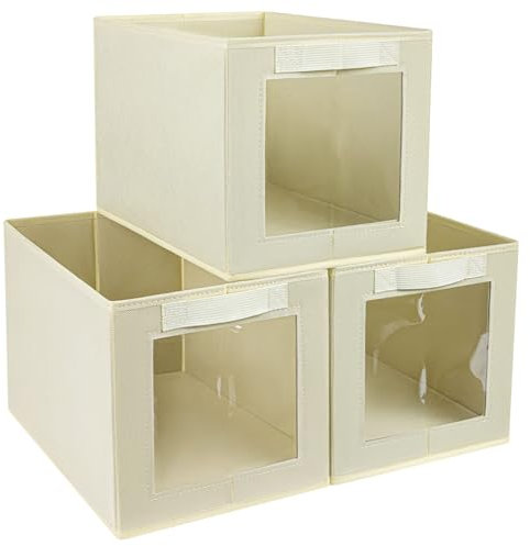 DIMJ 3 Stück Aufbewahrungsboxen, Faltbox mit Transparentem Sichtfenster Faltbare Aufbewahrungskiste mit Schlaufe für Kleiderschrank, Kleidung, Bücher, Kosmetik, Spielzeug usw, 34 x 23 x 23 cm, Beige