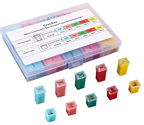 CrocSee 30 Pieces Car Fuses Assortment Kit, Tall/Standard and Low Profile Box Shaped Automotive Fuses for Pickup Trucks, Cars, RVs, and SUVs