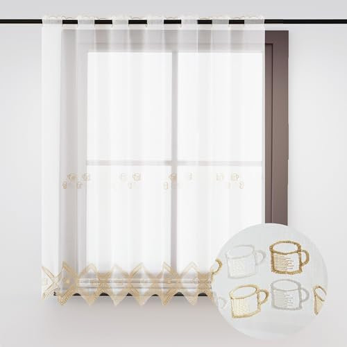 HOMEYA - Cortina Cocina 150 x 140 cm, Visillo Cocina con bordados transparente un panel 150 x 140 cm (ancho por largo) Taza de café