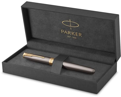 PARKER Sonnet Fountain Pen | Grey Lacquer with Gold Trims | Fine Stainless Steel Nib with Gold Coating | Black Ink Cartridge Refill | Gift Box | Perfect Graduation Gifts