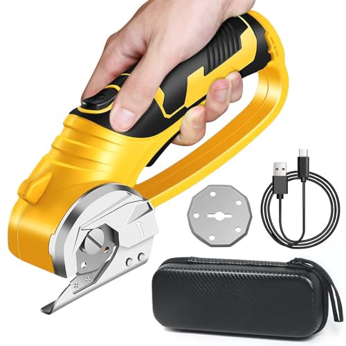 LIROPAU Tijeras eléctricas inalámbricas, tijeras universales con 2 cuchillas de corte y bloqueo de seguridad para manualidades para cortar cartón alfombra de cuero - amarillo