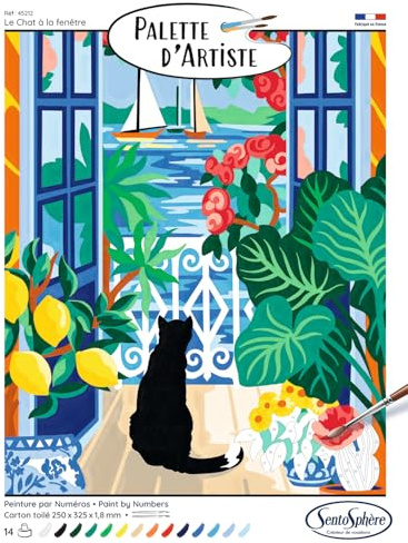 Sentosphère- Palette d'Artiste - Le Chat à la Fenêtre - Peinture par numéros - 16 couleurs - Qualité Beaux Arts - Loisirs et créatifs adultes - Made in France