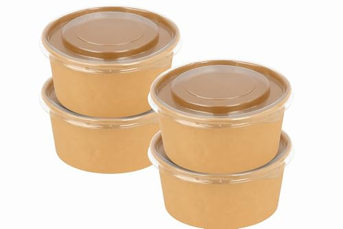 Terryshop74 Lot de 4 saladiers pour Poké 750 ml avec couvercle transparent – Bols en papier kraft avec couvercle PET – Résistants, recyclables, parfaits pour les salades, Poké Bowl, Take Away