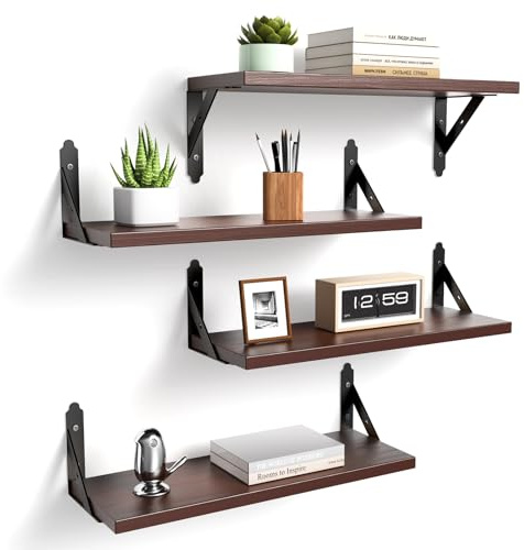 ROMGUAR CRAFT Wood Floating Shelves Set of 4, Rustic Storage Decor Wall Shelves, Wall Mounted Shelf for Living Room, Bedroom 17 x 6, Brown