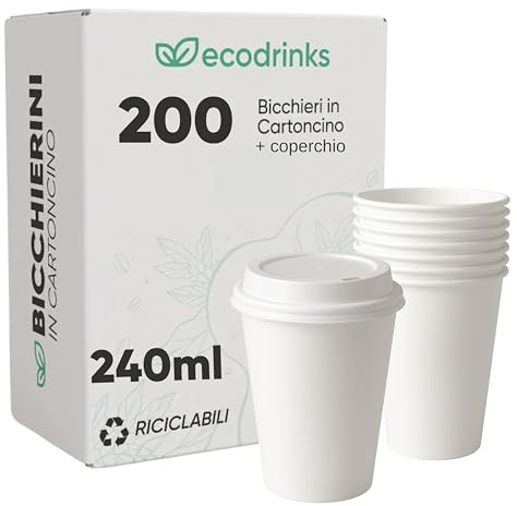 ecodrinks - 200 Bicchieri di Carta con Coperchio di Plastica da 240ml - Per Caffè Lungo, Espresso, Ginseng, Acqua o Cocktail - Adatti all'Uso Domestico, Bar, Uffici e Eventi