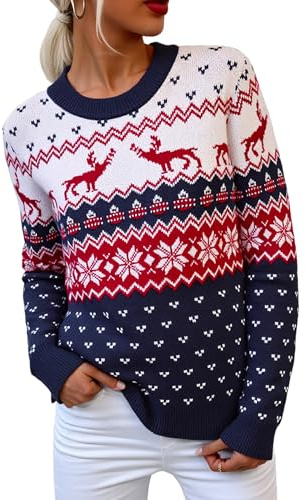 Crewhpo Jersey Navideño Mujer Suéter de Navidad Invierno de Cuello Redondo Manga Larga Ropa de Punto Jerséis con Copos de Nieve de Reno