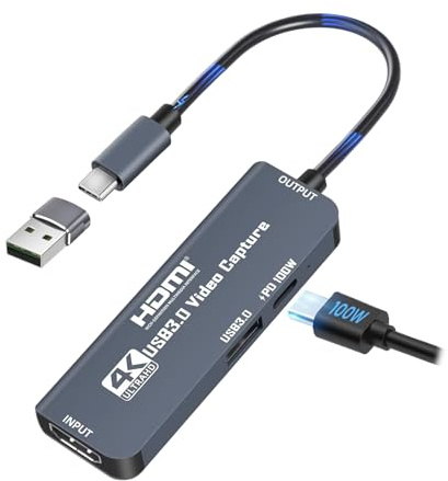 Videoinspelningskort, videoinspelningskort underbar 4K HDMI till 1080P USB C för spelstreaming TV-inspelare, för Windows Mac OS-system med USB C-adapter för att justera PS4