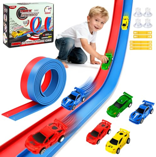 Circuit Voiture Enfant 6M, Piste de Voiture Flexible Enroulable Inclut 4 Jouet de Voiture à Tirer, Portable Piste de Course Cadeau Garcon Jeu Enfant 2 3 4 5 6 Ans, Bleu et Rouge