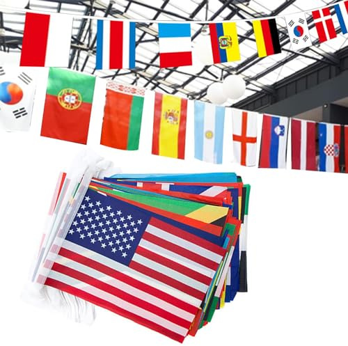 Bandiere di corda da 32 paesi - Bandiera internazionale delle bandiere del mondo | Bandiere da 5,51 x 8,26 pollici per bar, club sportivi, festival scolastici, celebrazioni