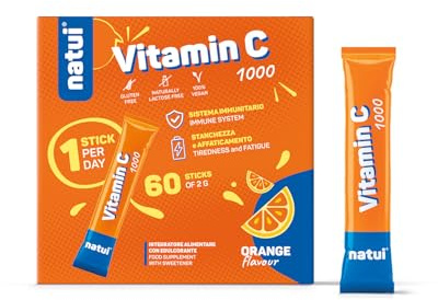 Natui Vitamin C 1000mg – Integratore Vitamina C Pura ad Alto Assorbimento e Acido Ascorbico in Polvere – Per Difese Immunitarie e Antiossidante – Gusto Arancia - 60 Stick Orosolubili da 2 g