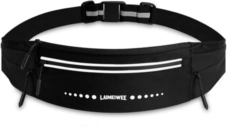LAIMEIWEE Lightweight Running Belt, Water-Resistant Waist Pack for Women & Men, 4-Zone Organization Fits Up to 7 Phone, Reflective Strips Design for Marathon Training, Jogging, Hiking, Commuting