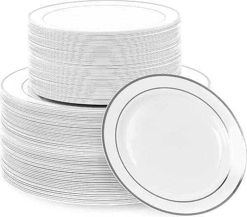 MATANA 120 Premium Weiße Plastikteller mit Silberrand, 2 Größen - Unzerbrechliche & Mehrweg Kunststoffteller, Partyteller für Hochzeiten, Geburtstage, Partys - Elegantes & Stabiles Partygeschirr