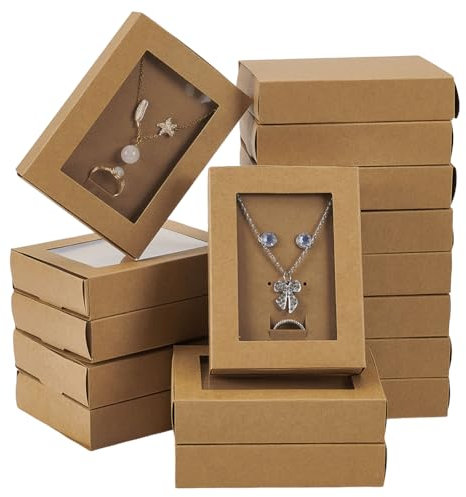 FINGERINSPIRE - Set di 16 scatole da esposizione per gioielli, 11,5 x 8,5 x 2,5 cm, con finestra trasparente, per gioielli, collane, cassetti, scatole di carta kraft, scatola regalo