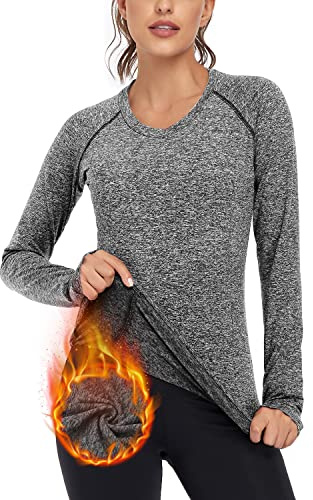 Soneven T-Shirt Thermique à Manches Longues pour Femme - Pull Fonctionnel pour l'hiver - en Polaire - Manches Longues - Haut Base Layer de Sport Top de Course Fitness VI-Noir M