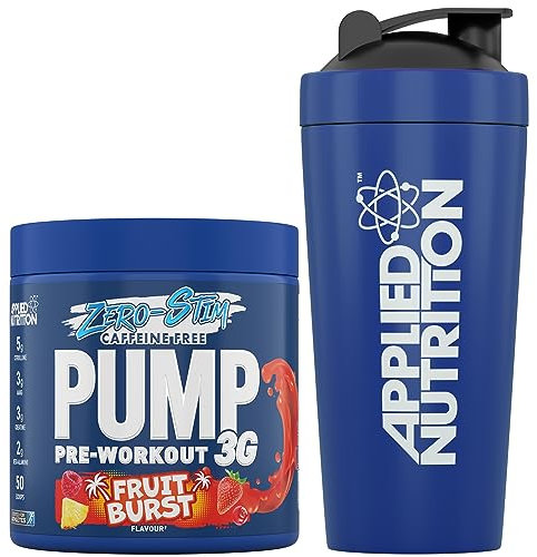Applied Nutrition Pump Zero Pre Workout + 750ml Steel Protein Shaker - Zero Stim, Caffeine Free, Energy & Performance (375g - 25 Servings) (Fruit Burst)